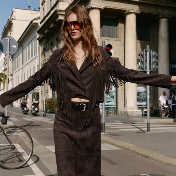 ZARA Fringe Faux Suede Jacket Brown Size Small S NEW - Picture 7 of 16